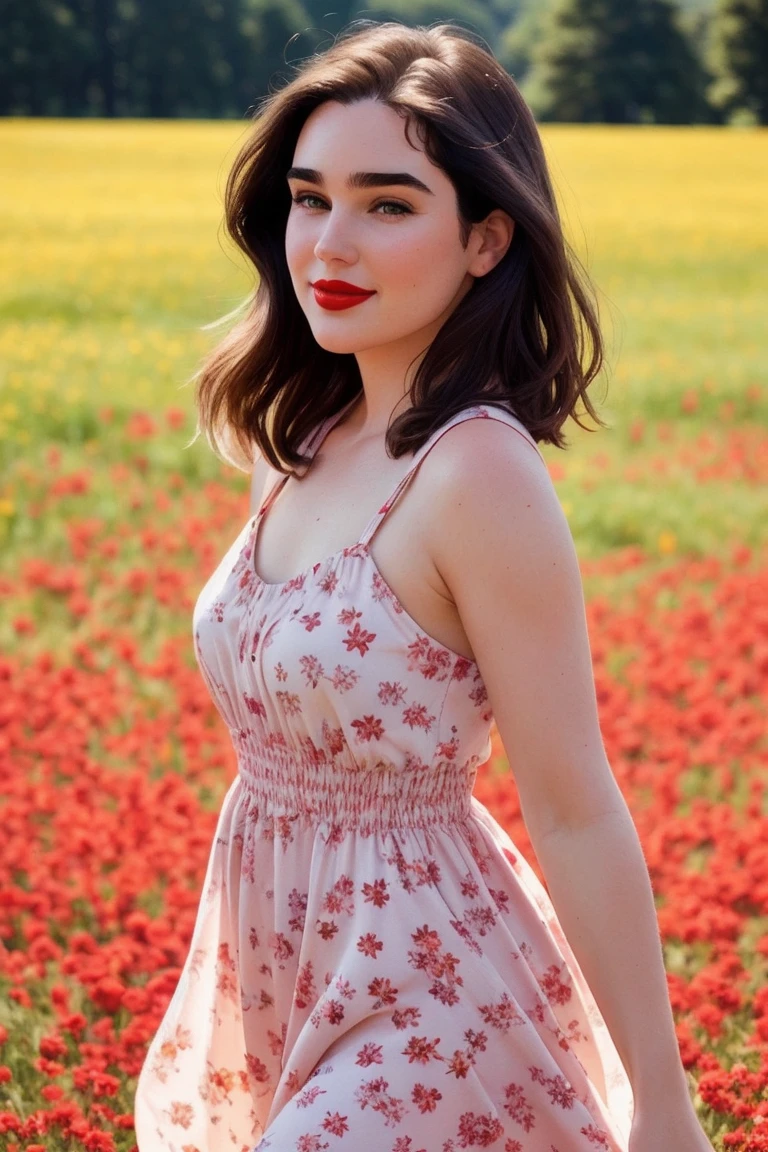 jencon-264 , ,photo of a woman, RAW, close portrait photo, ((beautiful floral print sundress)),((short hair, pixie cut)), ((outdoors, gorgeous meadow, walking)), ((detailed skin, detailed face):1.2), ((detailed eyes, beautiful eyes)), 8k uhd, dslr, soft lighting, high quality, film grain, Fujifilm XT3 sharp focus, f 5.6,((red lipstick, blush)) , slight smile