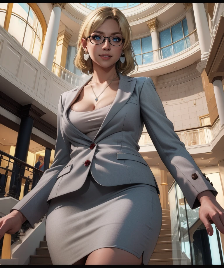 jessiem,blue eyes,blonde hair,medium hair,glasses,
suit,cleavage,necklace,small earrings,dress skirt,
standing,light smile,from below,
indoors,mall,
(insanely detailed,  masterpiece, best quality),solo,<lora:jessieDR2:0.8>,