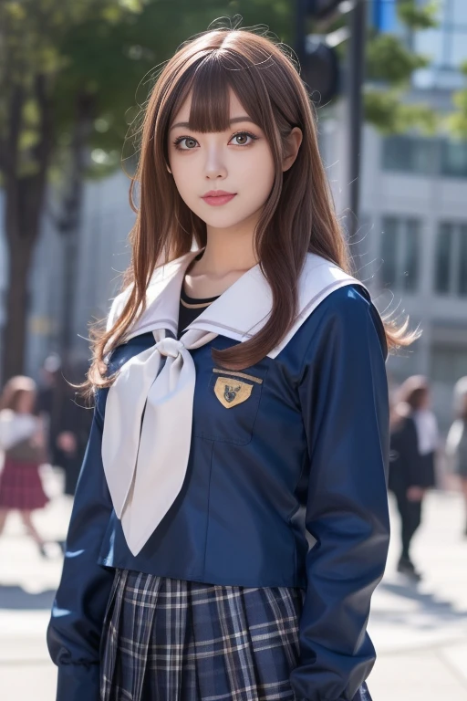 ltra-detailed,highly detailed,best quality,masterpiece,illustration,realistic,photorealistic,
bangdream, school uniform, 
1girl, solo, cosplay, 
serafuku, sailor collar, plaid skirt, pleated skirt,  
long sleeves, neckerchief, 
long hair, bangs, 
looking at viewer, standing, upper body, 
outdoors, blurry background, photo background, winter, snow,
 <lora:bangdream_yzs_v1_06:0.6>