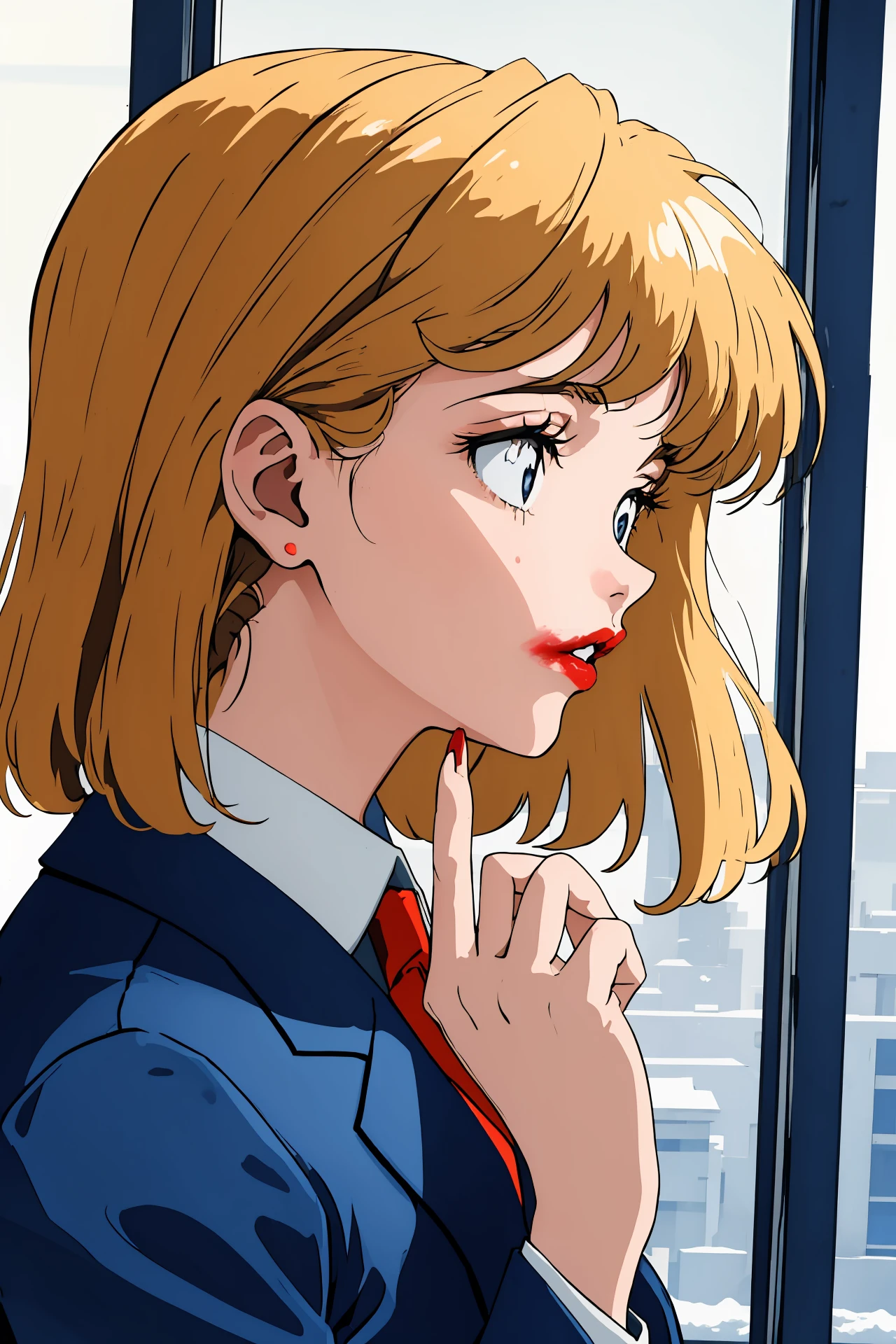 (masterpiece,best quality,absurdres),1girl,solo,<lora:smeared lipstick_bx-v2.02:1>,smeared lipstick,
close-up,hand up,from side,blonde hair,winter vest,business_suit,dynamic_angle,retro artstyle,