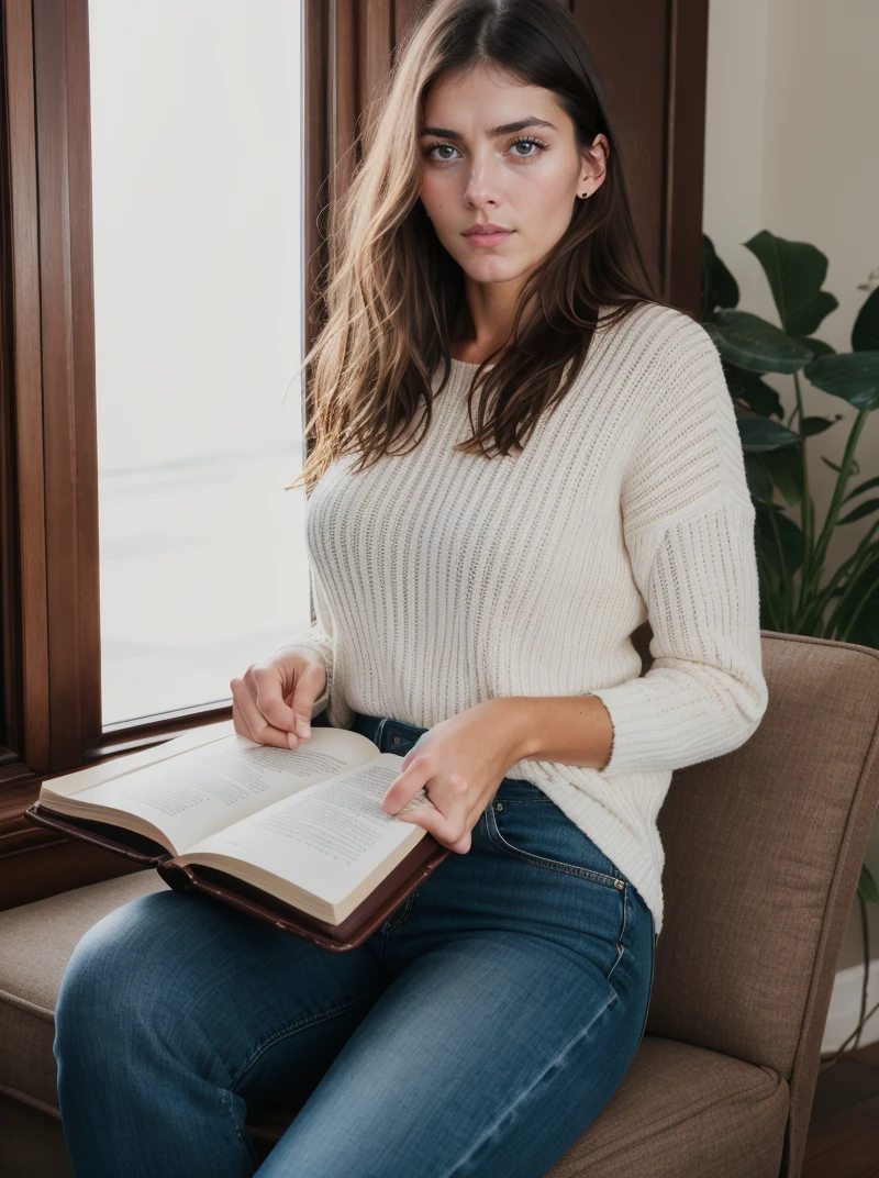 Analog photo, tv_Olivia_Olympiakis_MXAI , wearing comfortable clothes, sitting on a couch, reading a book, shadows, relaxed, elegant,, (((Ultra-HD-details, Ultra-HD-detailed, Ultra-HD-realistic, Ultra-HD-photo-same-realistic-quality-details))), 8k uhd, dslr, soft lighting, high quality, film grain, Fujifilm XT3