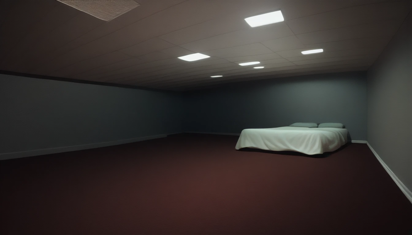 score_9, score_8_up, score_7_up, liminalspace, realistic, indoors, surreal, red theme, still life, bedroom, bed, window, ceiling light, dark <lora:background_liminalspaces_ponyXL:1>