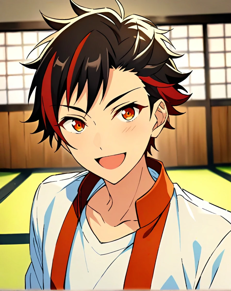 masterpiece, best quality, very aesthetic, absurdres, very detailed, score_9, score_8_up, score_7_up, depth of field, ((1boy, solo, male only, male focus, upper body)), (nagumo_tetora, black hair, streaked hair, red hair, amber eyes, short hair, hair between eyes, bangs), happy, looking at viewer, facing viewer, collarbone, dojo, karate uniform, <lora:Lightning-8:1>,  <lora:nagumo_tetora_sdxl_lora:0.74>