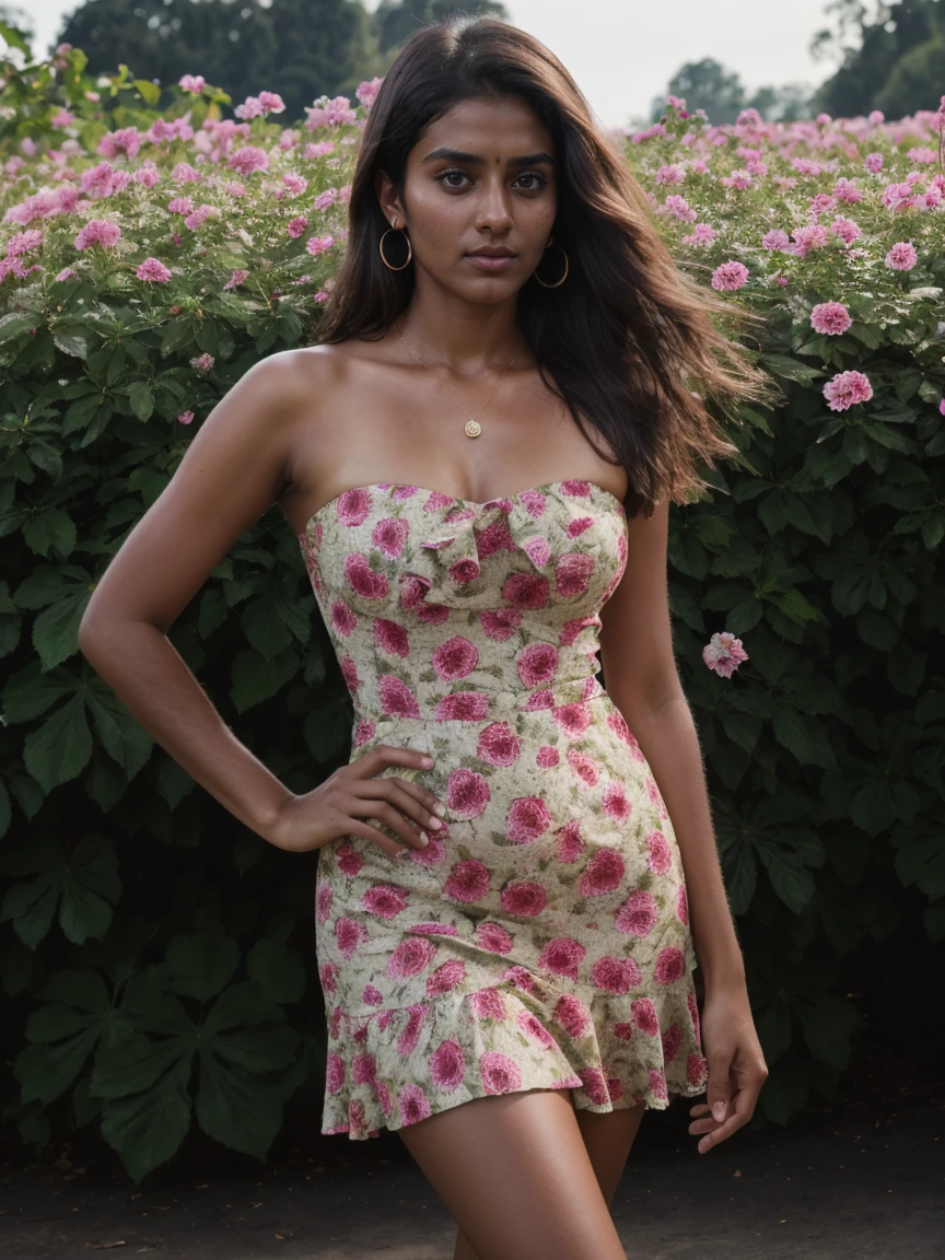 very colorful hyper realistic full torso photograph of a young 24 year old african woman in a flowery silky richly textured short dress with thigh length slit sitting in a field of true pink flowers on a pleasant day subject between the sun and photographer, bright sunny, raw, greatness, indie, and full of magical nature activity, brightly magically lit, shot with professional lenses, panavision motion still, hyper detailed textures, Kodak Portra 400 film, 35 mm lens, with double exposure and long exposure techniques, light leaks, retro vibes, afro-creative — David Fincher, Emmanuel Lubezki, Gordon Parks, Daido Moriyama, Akinbode Akinbiyi, Hasselblad
