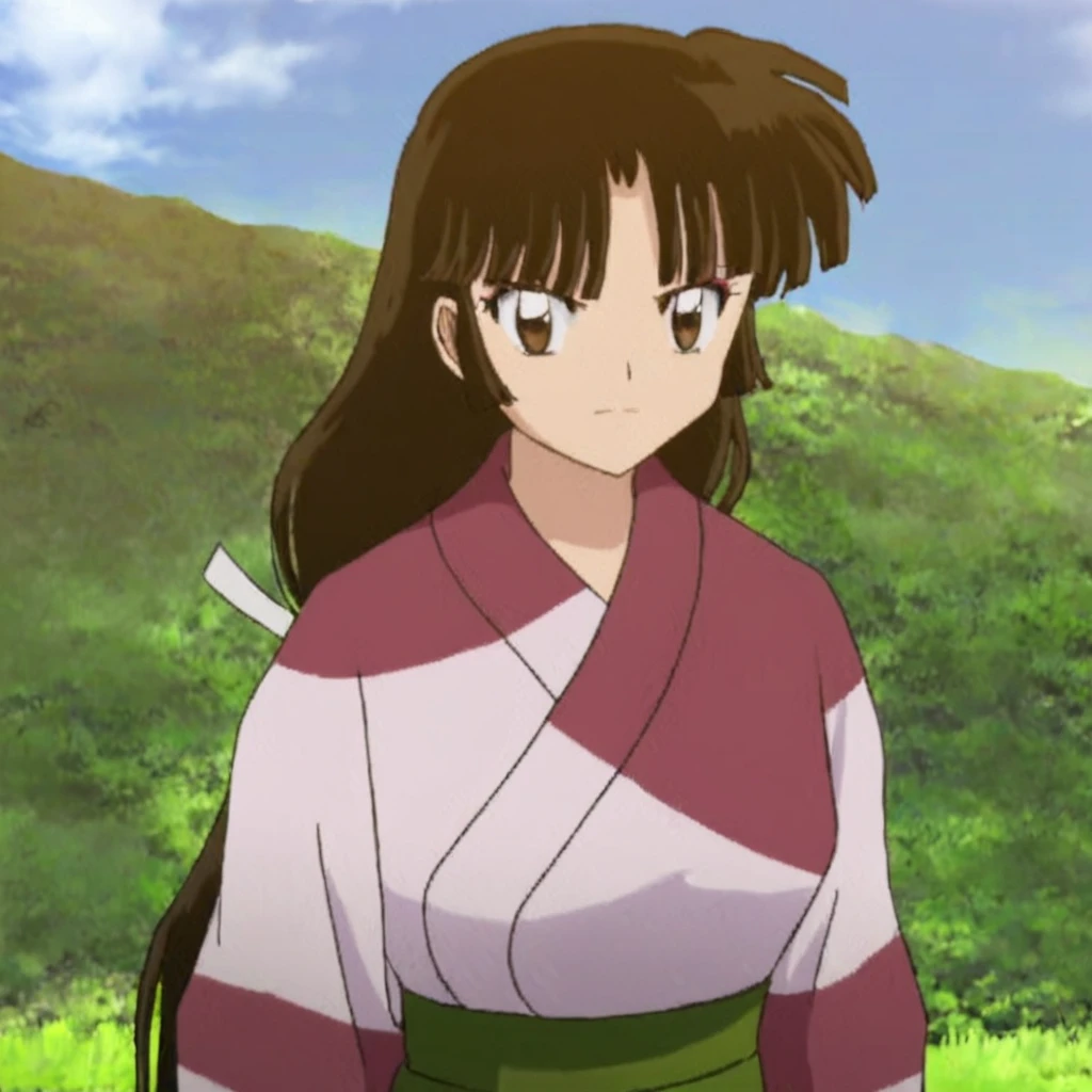 <lora:SangoV2:1> Sango, 1girl, solo, closed mouth, annoyed, blush, brown eyes, brown hair, black hair, long hair, low-tied long hair, makeup, bangs, japanese clothes, kimono, green skirt, skirt, fingerless gloves, gloves, outdoors, grass, sky, looking at viewer, anime coloring, retro artstyle