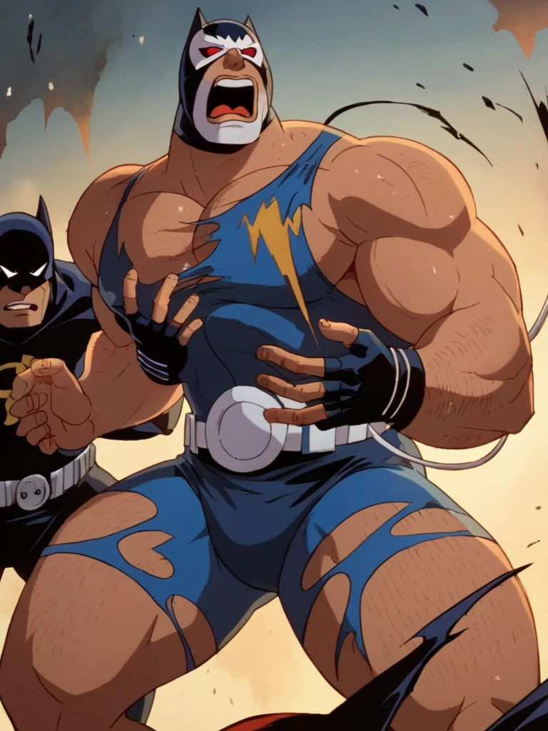 score_9, score_8_up, score_7_up, volumetric lighting, bane, open mouth, 1boy, male focus, multiple boys, 2boys, fingerless gloves, torn clothes, bodysuit, mask, thick thighs, pectorals, muscular male, bara, manly, thick arms, <lora:batman_pony_v1:0.9>