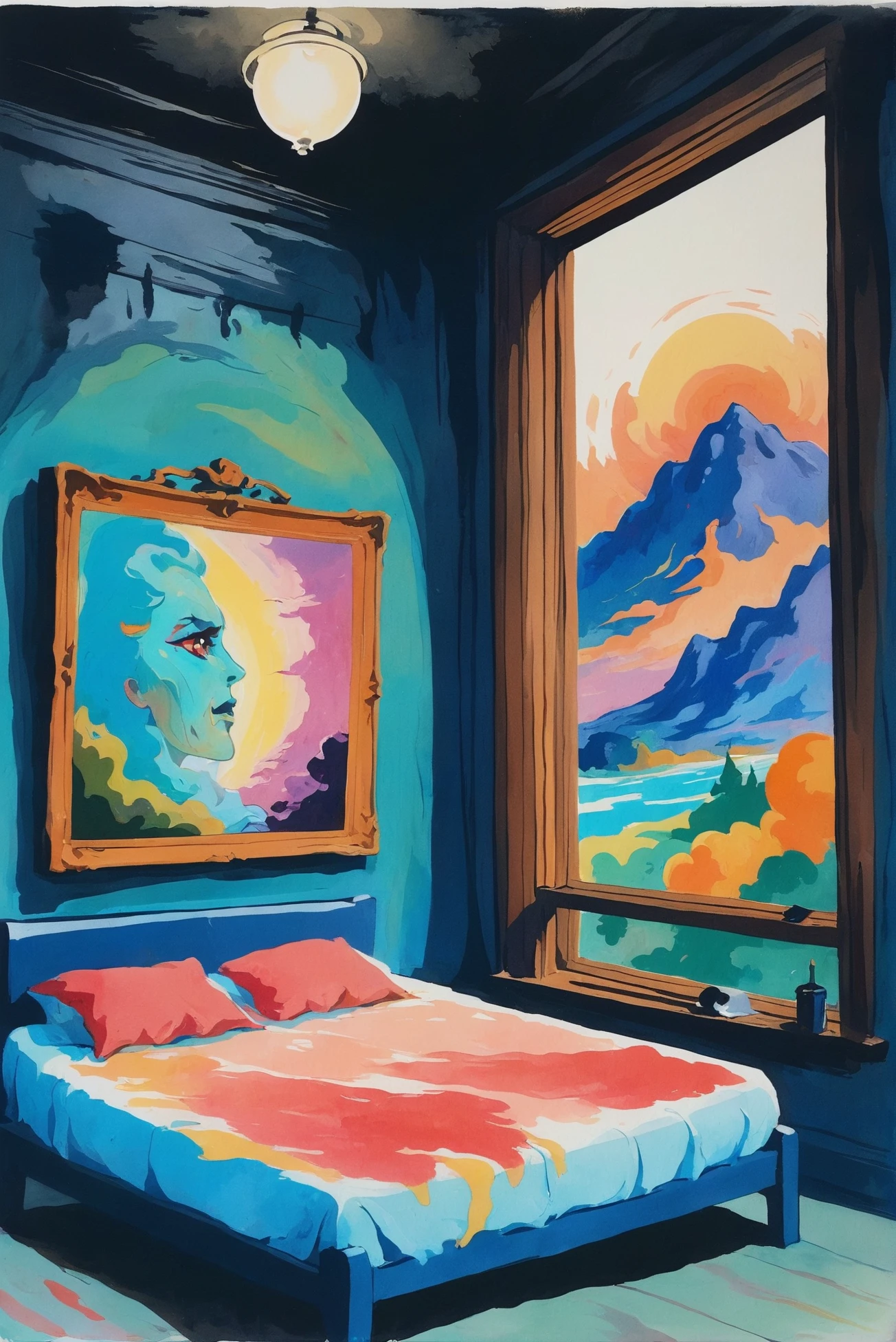 retro 1940s cosmic horror painting, rough brush strokes, anime watercolor on vellum, Chemical Processing Area \(room\) in a historic residence in a pristine,Enchanted fantasy topia at the end of the multiverse, masterpiece<lora:EnvyStarlightAnimeWatercolor02:1.25>