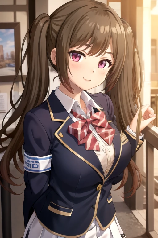 ((masterpiece)),(best quality),official art,extremely delicate and beautiful,extremely detailed CG,unity 8k wallpaper,ultra detailed,beautiful detailed eyes,extremely detailed face,outdoors,1girl,solo,upper body,(portrait:1.5),looking at viewer,facing viewer,smile,Isezaki Ema,long hair,brown hair,twintails,bangs,pink eyes,school uniform,black jacket,blazer,red bowtie,white shirt,collared shirt,long sleeves,armband,large breasts,skindentation,miniskirt,white skirt,pleated skirt,blue socks,black footwear,loafers,<lora:Isezaki Ema(rk):0.7>,