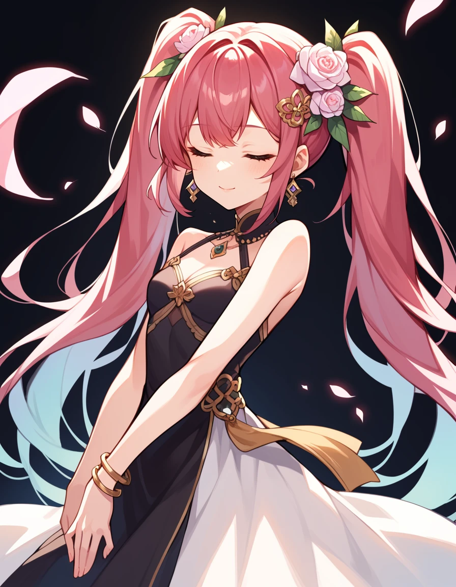 source_anime, score_9,score_8_up,score_7_up,score_6_up,score_5_up,score_4_up,
1girl, solo, magenta hair, hair ornament, long hair, flower, closed eyes, hair flower, jewelry, twintails, dress, earrings,  hair ornament, very long hair, bracelet, simple background, black background