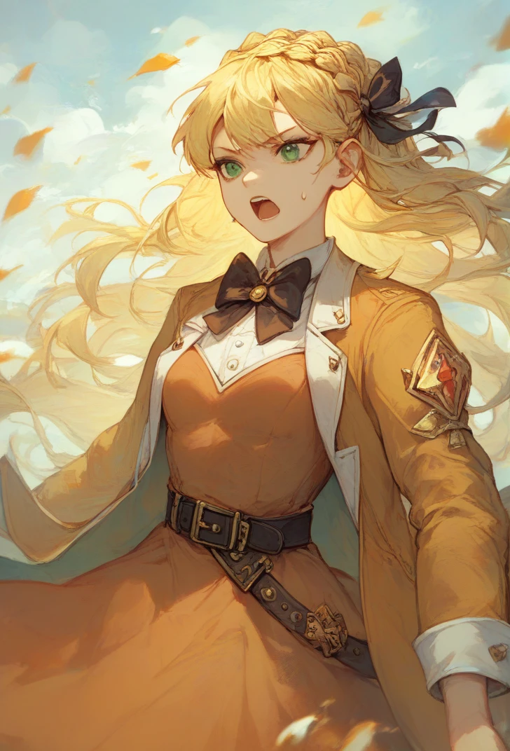 (score_9, score_8_up:1.1), score_7_up, masterpiece, <lora:Tiphereth_PM:1>, Tiphereth, TipherethLOR, 1girl, solo, open mouth, bangs, blonde hair, long sleeves, dress, bow, green eyes, jacket, braid, hair bow, belt, bowtie, sweatdrop, crown braid, orange dress