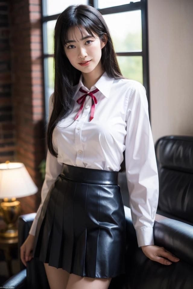1girl,solo,skirt,shirt,ribbon,white shirt,pleated skirt,looking at viewer,collared shirt,long sleeves,blue skirt,depth of field,
realistic,photo background,looking at viewer,smile,indoors,
looking at viewer,best quality,masterpiece,illustration,an extremely delicate and beautiful,CG,unity,8k wallpaper,Amazing,finely detail,masterpiece,official art,extremely detailed CG unity 8k wallpaper,incredibly absurdres,huge filesize,ultra-detailed,highres,extremely detailed,realistic,,<lora:Coco_20240531003419:0.8>