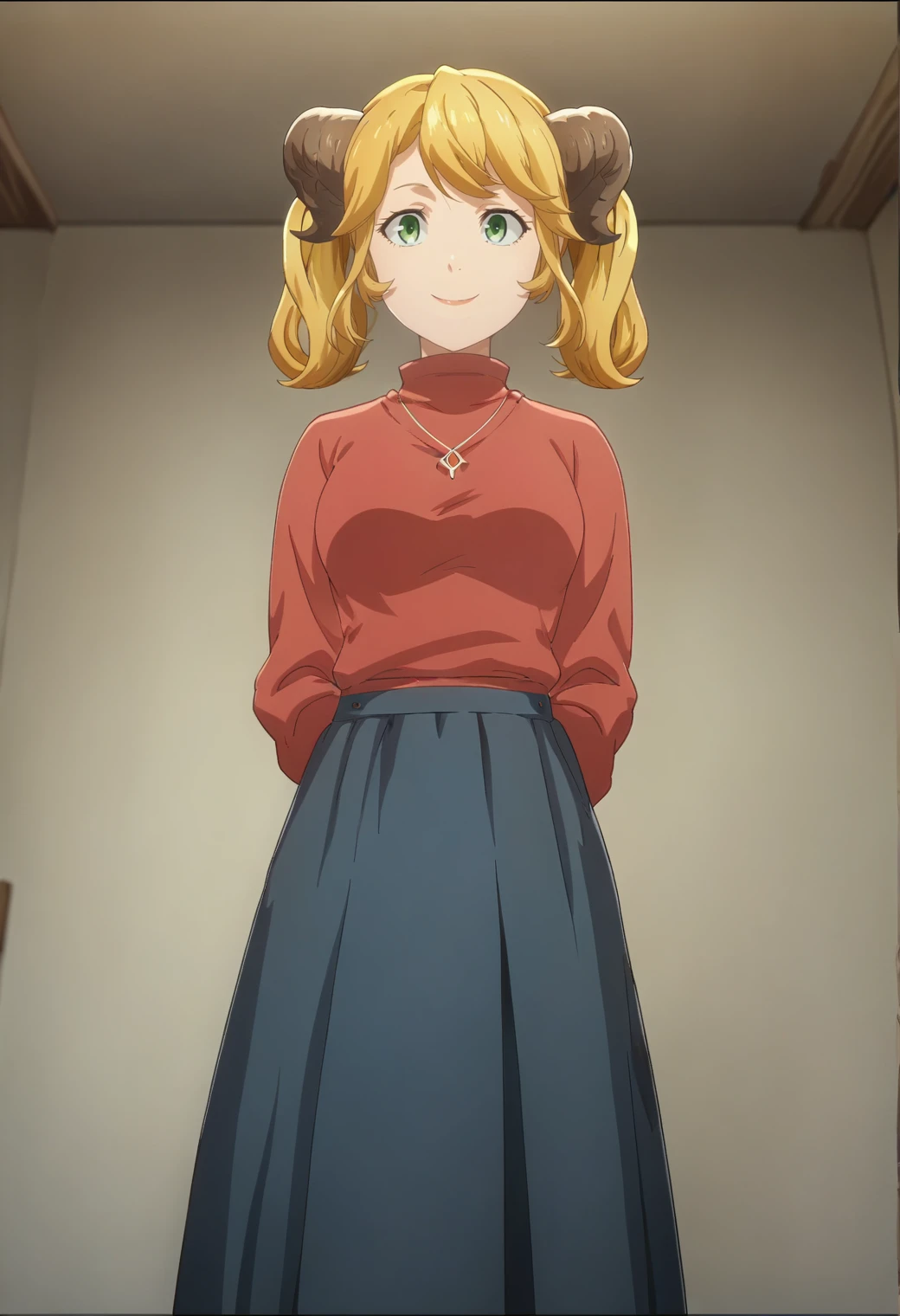 score_9, score_8_up, score_7_up, 1girl, solo, anime screencap,  <lora:Aletta:0.8> aletta, , horns, red sweater, turtleneck, , long skirt, pleated skirt,  , dynamic pose, dutch angle, arms behind back,