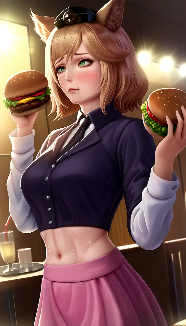 score_8_up, score_7_up, score_6_up, score_5_up, score_4_up,pink skirt,crop top,navel,girl,ambient oclusion,medium breasts,lens flare,very detailed,restaurant,eating, burger king, upper body,hat,(side view:0.8),(dutch angle),sweaty,vey excited face,professional artwork,(ahegao:0.9),(smile:0.8),mkx,wide angle,green eyes,fluffy ears,animal ears,whit locks,(closed eyes:0.8),face sweat