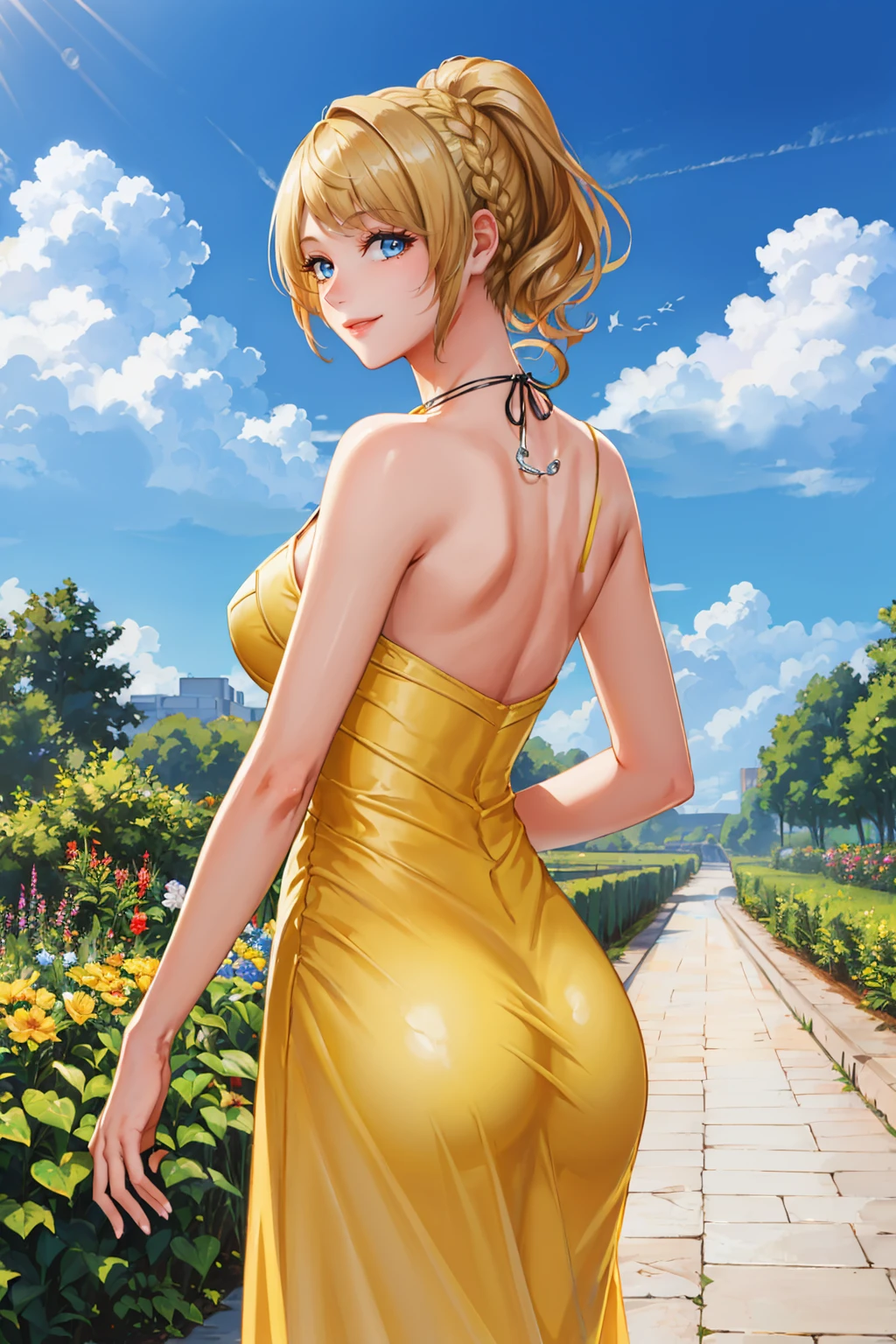 masterpiece, best quality, 1girl, <lora:lunafreya-nvwls-v1-000009:0.9> lunafreya, braid, ponytail, necklace, (yellow sundress:1.25), from behind, large breasts, garden, blue sky, clouds, looking at viewer, smile
