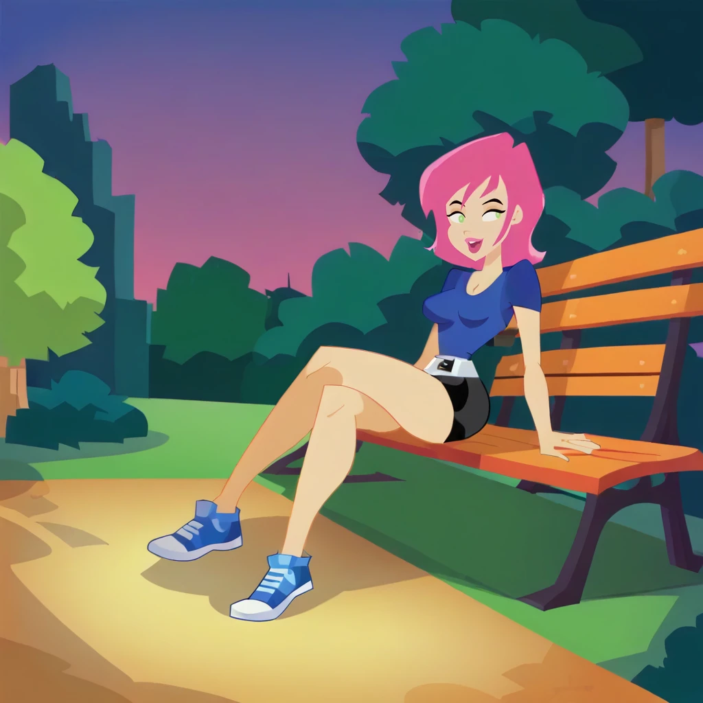 score_9,  full body,  park, night, bench, sitting, <lora:Erin Esurance XL:1> erin esurance,