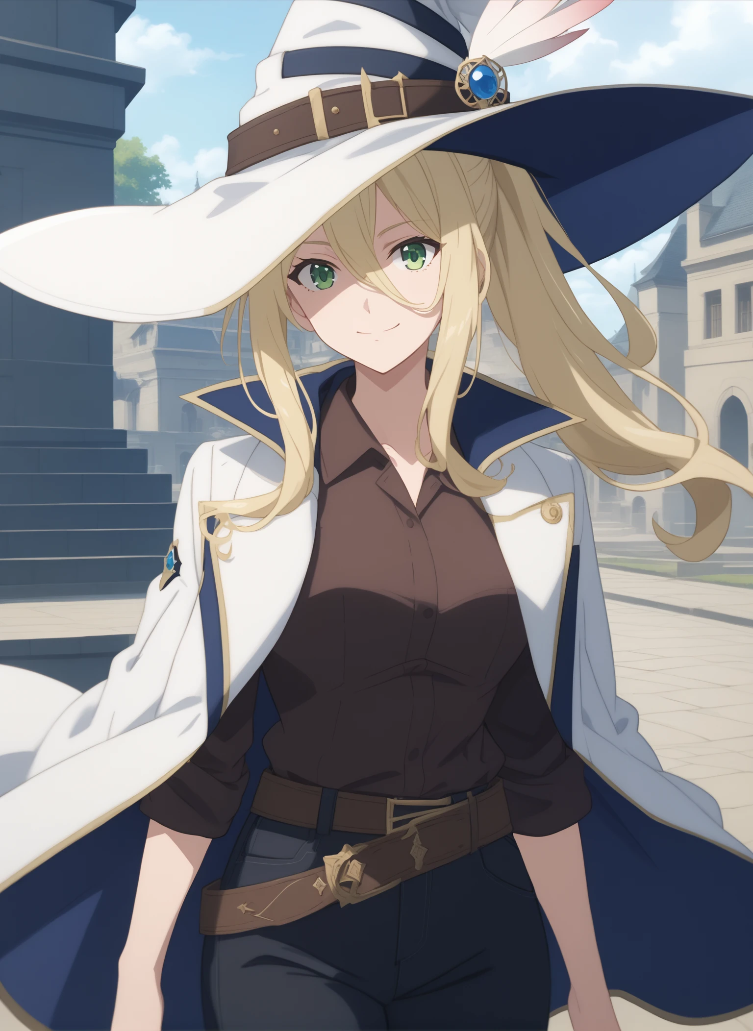 score_9, score_8_up, score_7_up, intricate details, source_anime, intricate details, highly detailed background, perfect lightingbest quality, sheilaMajonoTabitabi, solo, outdoors, fantasy, witch, witch hat, jewelry, hat feather, white headwear, blonde hair, ponytail, hair between eyes, long hair, sidelocks, green eyes, medium breasts, white jacket, jacket on shoulders, brown shirt, long sleeves, sleeves rolled up, brown belt, black pants, smile, closed mouth, :), <lora:Sheila_Majo-no-Tabitabi-PonyXL-05:0.7>