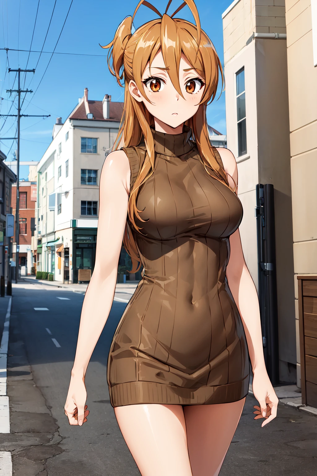 masterpiece, best quality, highres, 1girl, solo, long hair, brown hair, antenna hair, brown eyes, <lora:miyamoto_rei_v1:0.7>, cowboy shot, walking, street, turtleneck, sweater dress, ribbed sweater, sleeveless