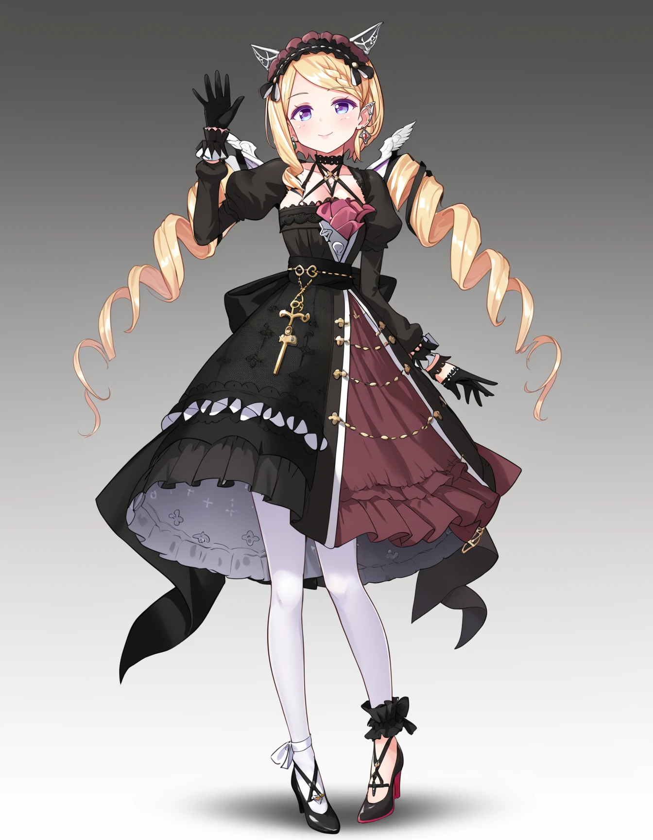 source_anime, score_9, score_8_up, score_7_up,
<lora:akirose_pony_v01a02ep17_resize32:1>
waving, arm up, smile,
akiGoth, gradient eyes, purple eyes, blonde hair, braid, choker, ankle bow, back bow, black bow, black choker, black dress, black footwear, black gloves, black sash, collarbone, criss-cross halter, detached hair, dress, drill hair, earrings, fake animal ears, fake elf ears, frilled dress, frilled hairband, frilled sleeves, gothic, hair behind ear, hairband, half glove, juliet sleeves, key, lace trim, lace-trimmed dress, layered dress, fashion, hairband, low twintails, parted bangs, petticoat, red petticoat, pocket square, strappy heels, twin drills, white pantyhose, wrist cuffs,
1girl, solo, gradient background, full body, standing