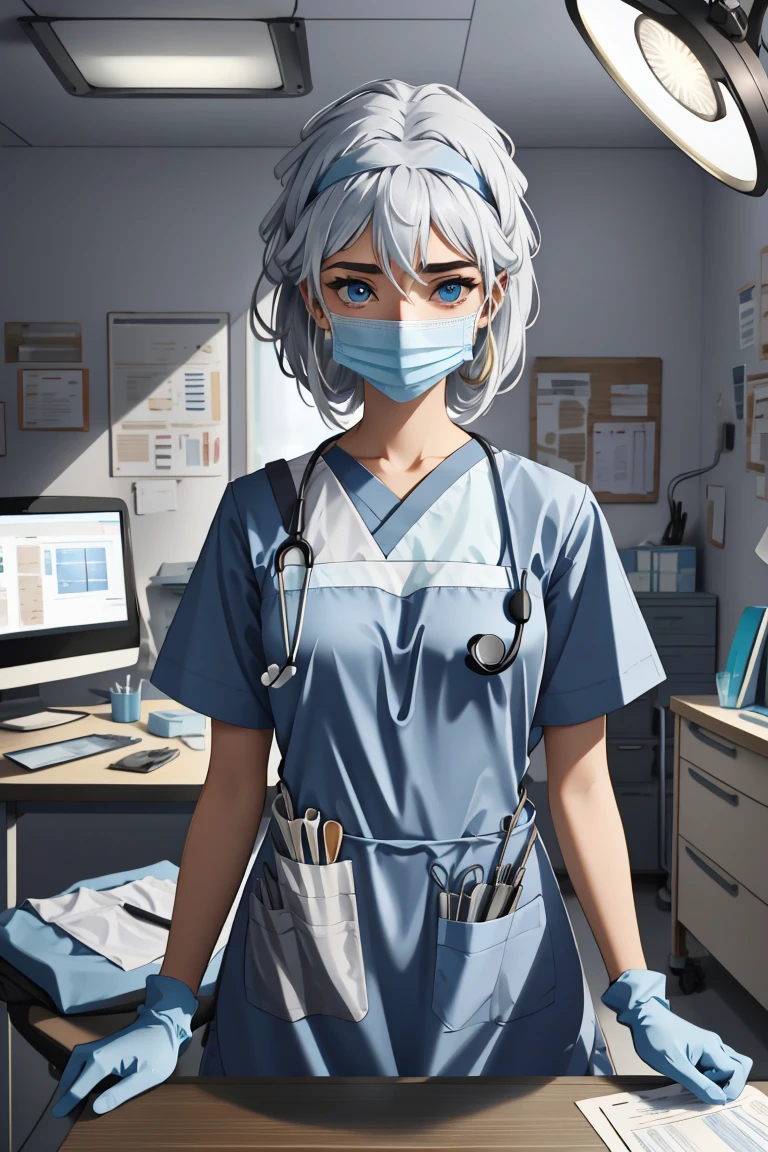 (RAW photo, best quality,facing the viewer,from front), operating room, overhead surgical light,blurred background, focused, dithering,backlighting, 
 <lora:Kidagakash:0.8> 1girl, kidagakash, solo, facial mark,blue eyes, white hair, 
 <lora:Doctor_Apron_Tools_V2.0:0.8> doctor_apron_tools, 1girl, solo, gloves, looking at viewer, surgical mask, apron, desk, stethoscope, headlamp,