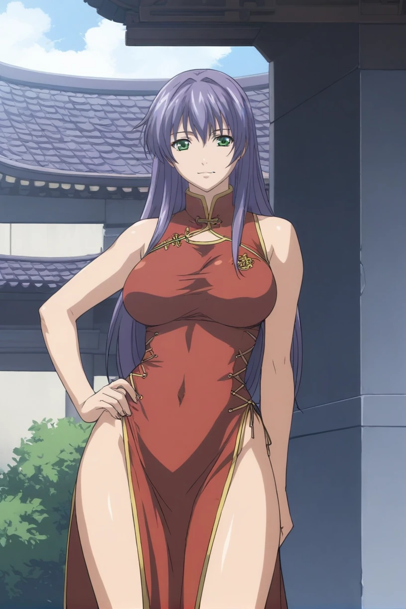 best quality,masterpiece,looking at viewer,absurdres,1girl,score_9,score_8_up,score_7_up,source_anime BREAK sasha,green eyes,purple hair,long hair,large breasts,<lora:033-å¥çç¥è¯LC-è¨æ²XLV2:0.8>,china dress, side slit, high slit, cross-laced slit,absolute field, thighs,east asian architecture,outdoor, sunny, natural light