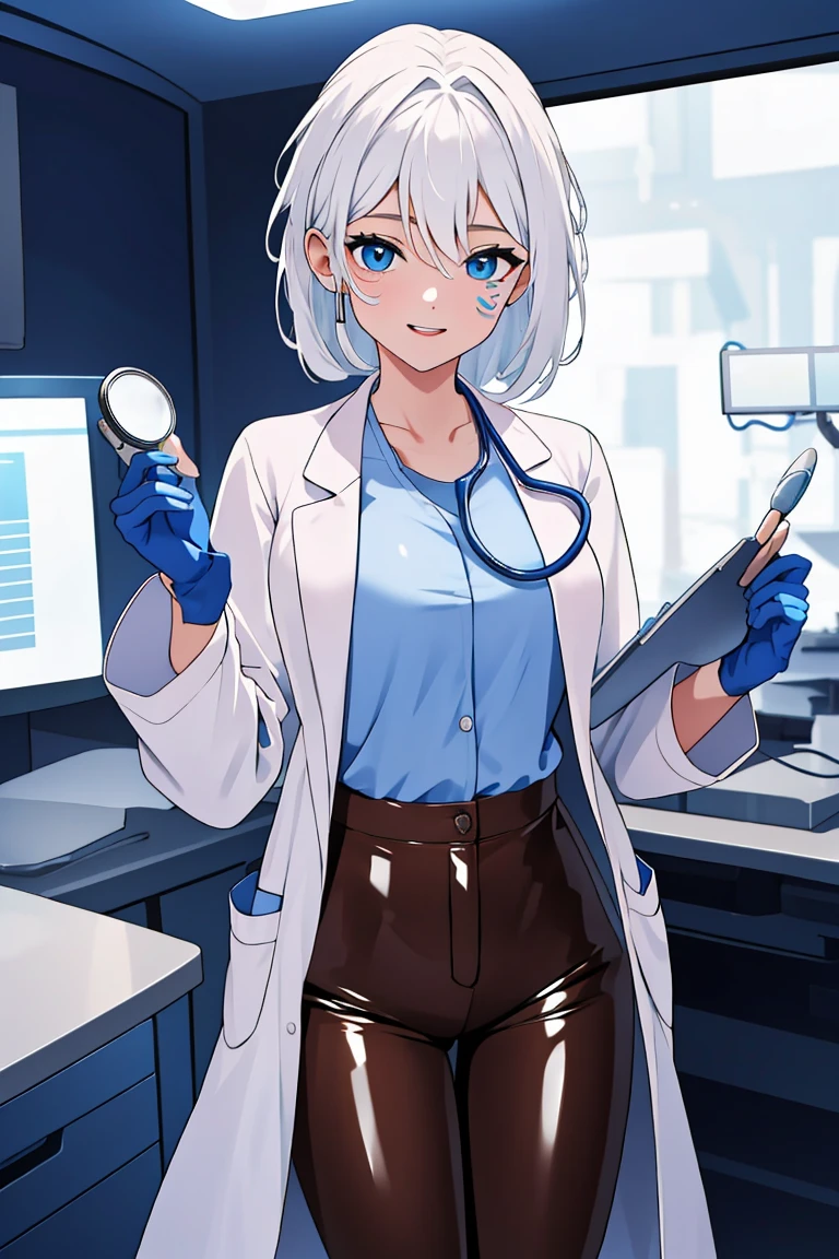 (RAW photo, best quality,facing the viewer,from front), operating room, overhead surgical light,blurred background, focused, dithering,backlighting, 
 <lora:Kidagakash:0.58> 1girl, kidagakash, solo, facial mark,blue eyes, white hair, 
 <lora:Doctor_Modern_Uniform_V2.0:0.8> doctor_modern_uniform, 1girl, solo, looking at viewer, smile, pink_shirt, labcoat, blue_gloves, stethoscope, doctor,latex pants, brown_pants,