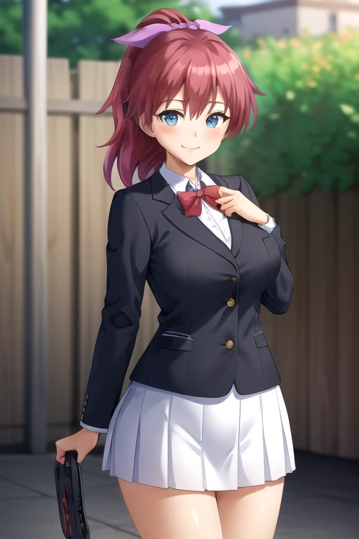 ((masterpiece)),(best quality),official art,extremely delicate and beautiful,extremely detailed CG,unity 8k wallpaper,ultra detailed,beautiful detailed eyes,extremely detailed face,outdoors,1girl,solo,cowboy shot,looking at viewer,facing viewer,smile,Hachinohe Kozue,long hair,red hair,ponytail,hair ribbon,purple ribbon,hair between eyes,bangs,blue eyes,school uniform,black jacket,blazer,red bowtie,white shirt,collared shirt,long sleeves,large breasts,skindentation,miniskirt,white skirt,pleated skirt,white socks,black footwear,loafers,<lora:Hachinohe Kozue(rk):0.7>,