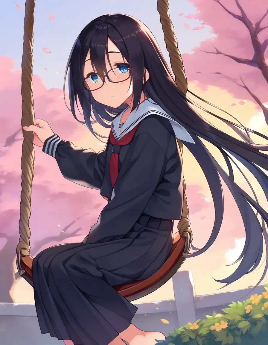 score_9, score_8_up, score_7_up, score_6_up, score_5_up, score_4_up, 
a girl sitting on a swing, black hair, very long hair, hair hair between eyes, glasses, from side, looking at viewer, depressed, half-closed eyes, black serafuku, outdoors, school, (swing:1.1), 
 <lora:midori_no_rupe_style_pony6_v1-000036:1>