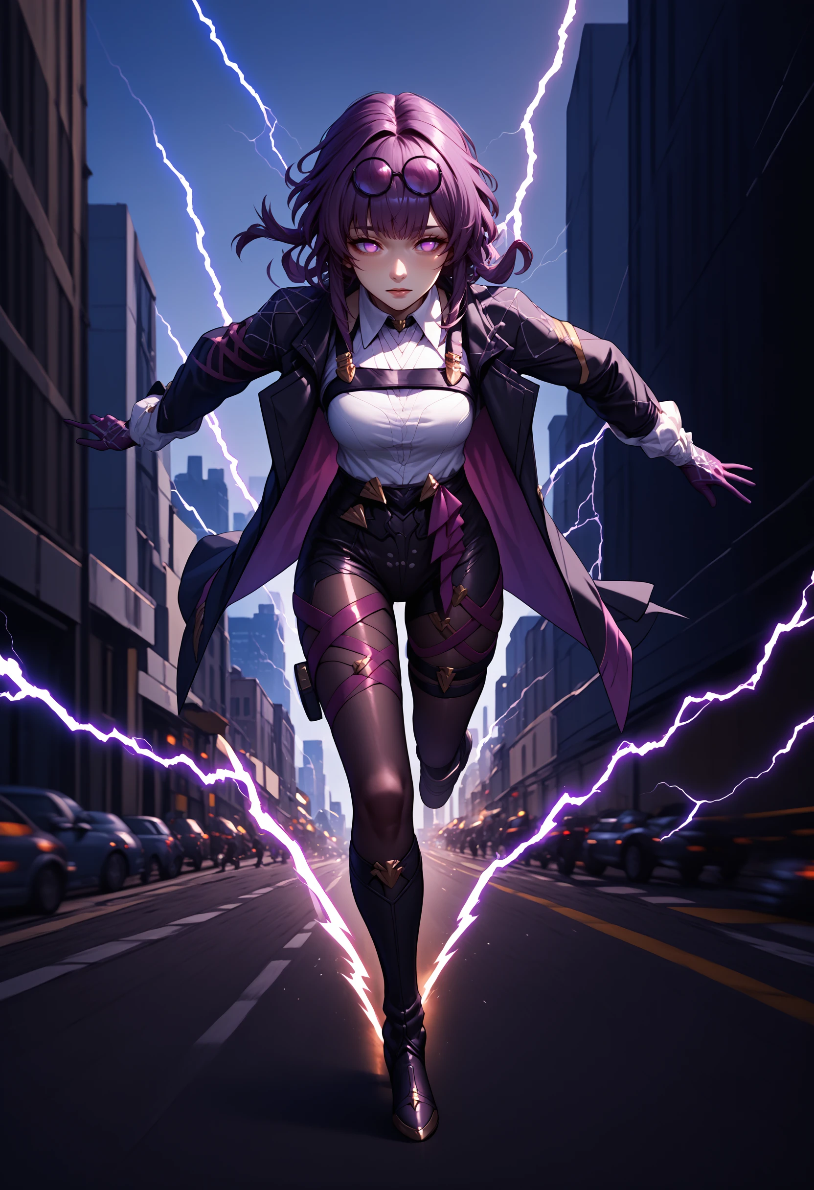 score_9, score_8_up, score_7_up, source_anime, 1girl, kafka, purple eyes, bangs, eyewear on head, <lora:Kafka_XLPD:1>, collared white shirt, long sleeves, jacket on shoulders, black jacket, black shorts, gloves, purple gloves, pantyhose under shorts, criss-cross straps, thigh strap, purple pantyhose, thigh boots, asymmetrical legwear, <lora:Superspeed:0.8>, running, electricity, motion blur, , from front, city, street