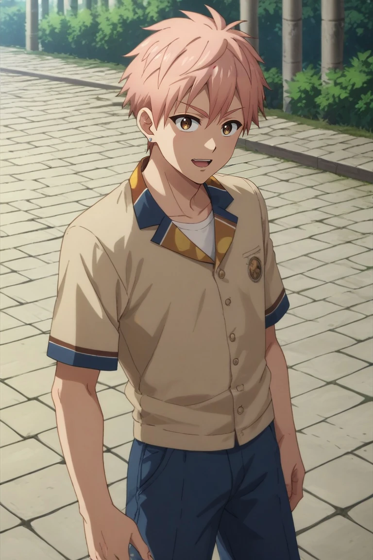 score_9, score_8_up, score_7_up, source_anime, rating_safe, intricate details, , , , 1boy, solo, male focus, <lora:shion_asuma_pony:0.94>, shion_asuma, pink hair, brown eyes, short hair, focused, stone road, noon, v, peace sign, open mouth, ,, <lora:sdxl_lightning_8step_lora:1>