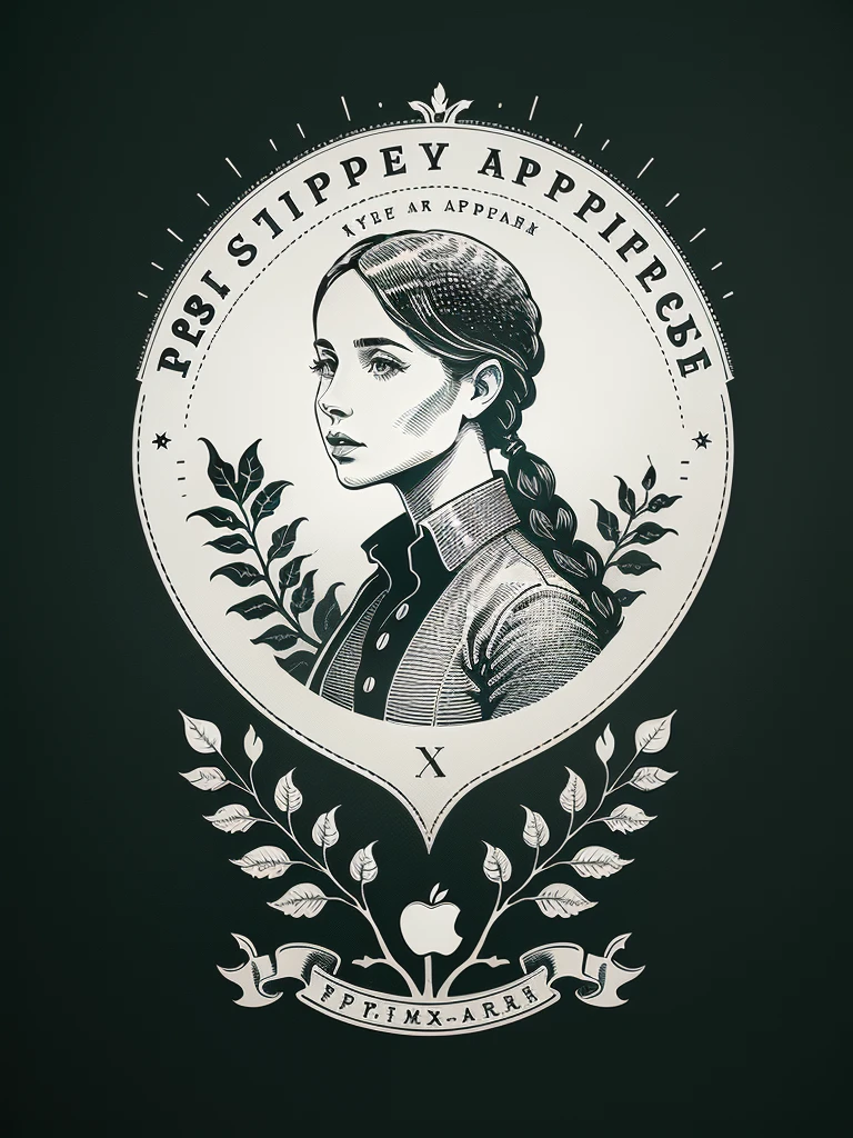 a girl, farm, apple tree
(XCYP minimalist logo, minimalist style, minimalist pattern, black and white pattern, badge,The best quality, clear lines, ultra-fine depictions,)