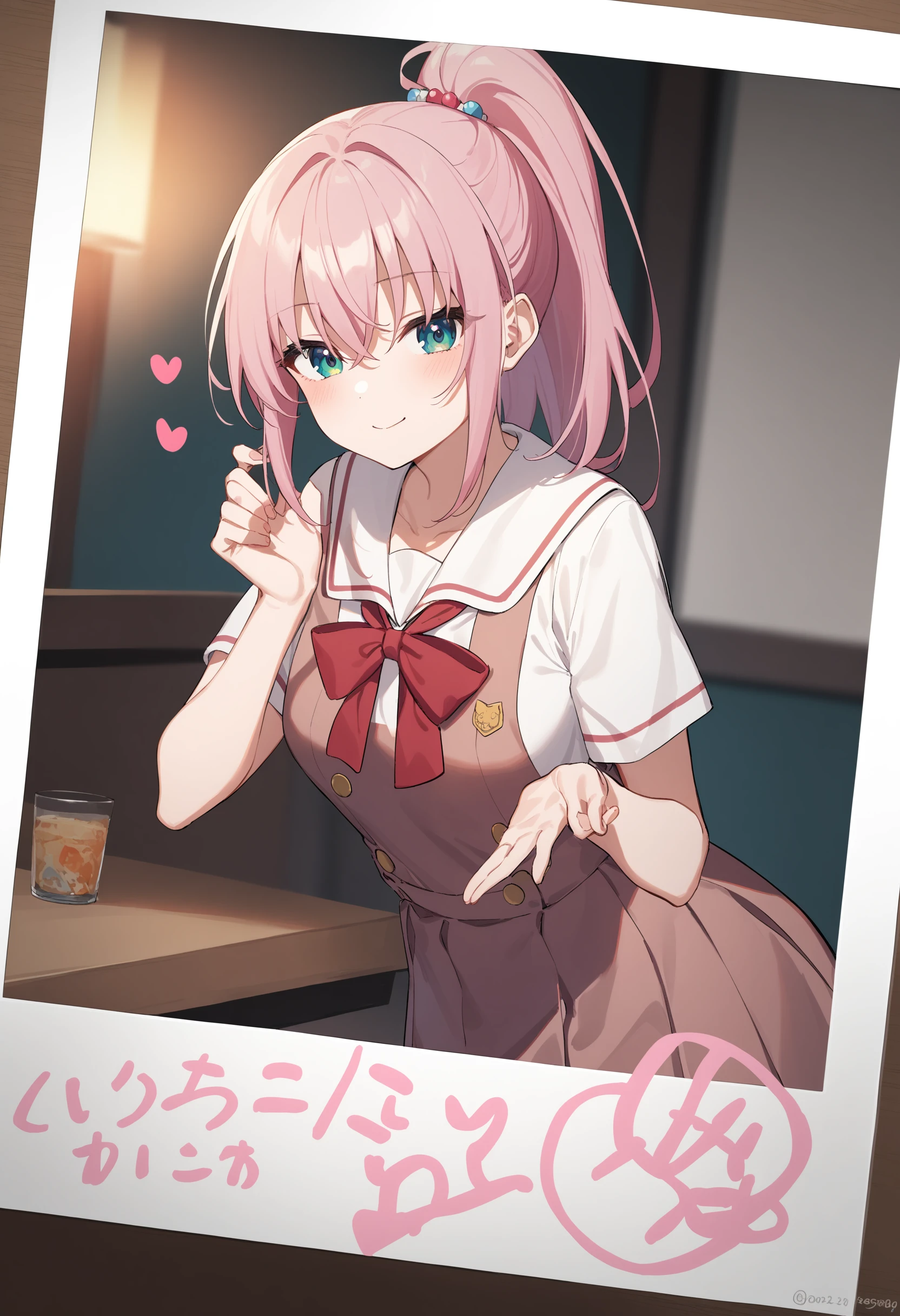 1girl,sincos, ningen mame, toosaka asagi,solo,medium breasts,school uniform,
polaroid, border, english text, character name, dated, artist name, signature,heart, twitter username,<lora:polaroid_XL_v1:0.8>
from behind, cinematic angle, looking down, pink hair, green eyes,seductive smile, inn, closed mouth, high ponytail hair,,
best quality, very aesthetic, absurdres
