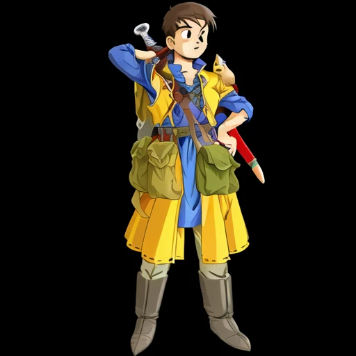black hair, 1boy, simple background, map, pouch, sword, animal on shoulder, solo, black eyes, male focus, sheath, weapon on back, hand on hip, brown hair, full body