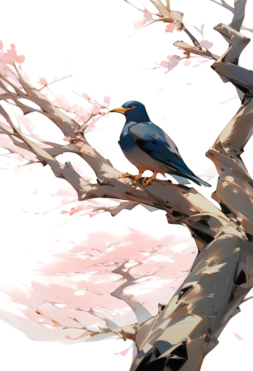 score_9,score_8_up,score_7_up,<lora:nai3_pony:1>,no_humans, tree, cherry_blossoms, white_background, simple_background, chinese_text, branch, crow, animal, traditional_media