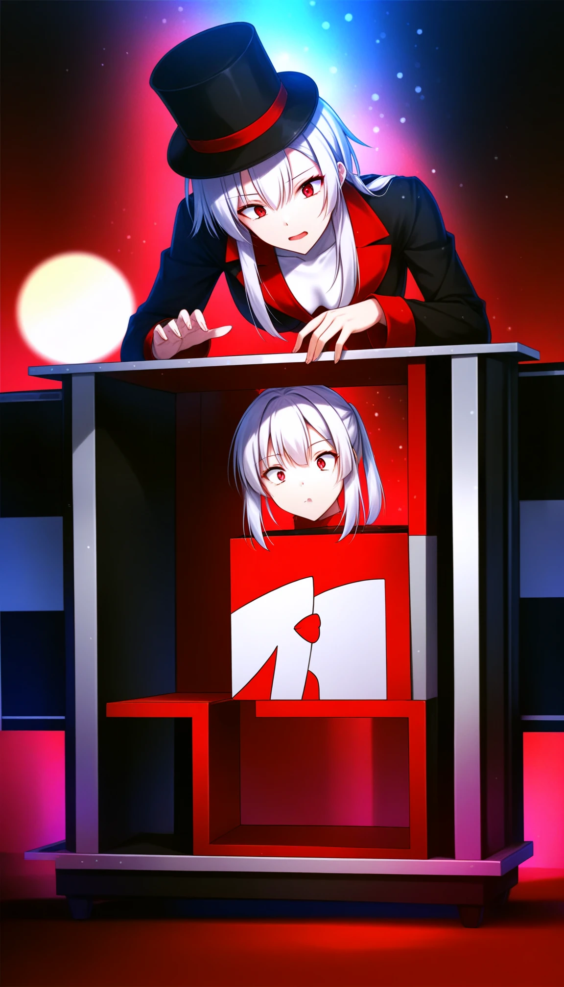 detailed, beautiful color, amazing quality, best quality, high quality, cinematic quality,magician top hat doing a magic trick, front view,1girl,surprised,white hair locks,detached head on box,bokeh,red lights,by akeyama_kitsune,