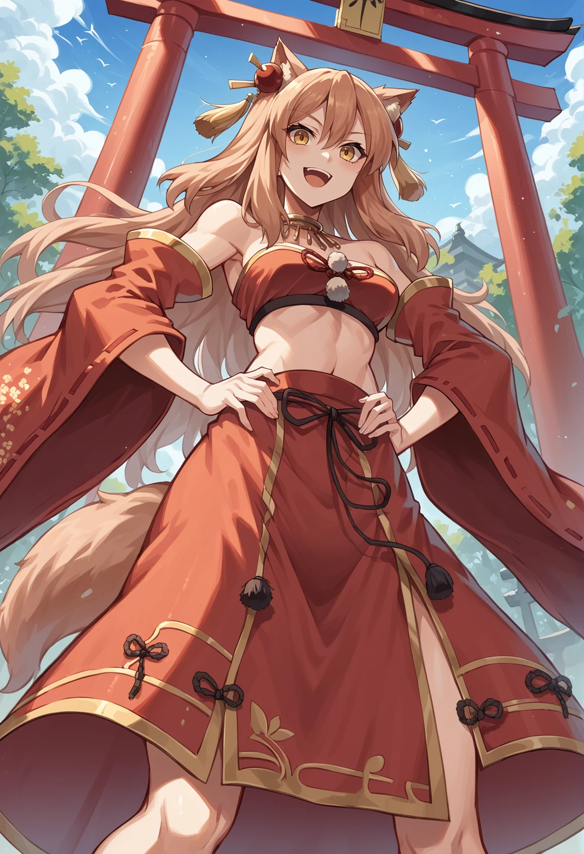 1girl, fox ears, fox tail, yellow eyes, brown hair, long hair, hair ornament, neck ring, jewelry, crop top, waist cape, pelvic curtain, long sleeves, wide sleeves, detached sleeves, hagoromo, barefoot, outdoors, torii, from below, hands in own hip, smile, open mouth <lora:JK_fox:1>, score_9, score_8_up, score_7_up, score_6_up, score_5_up, score_4_up, BREAK source_anime, masterpiece