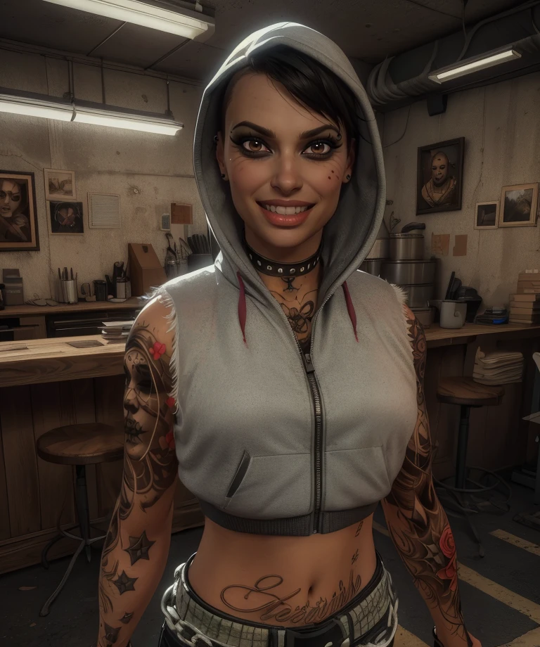 angeldr3,brown eyes,black hair,short hair,
cropped jacket,sleeveless,chain belt,belt,choker,piercing,hood,tattoo,midriff,
indoors,standing,upper body,looking at viewer,
junkshop,
(insanely detailed,  masterpiece, best quality),solo,<lora:AngelDR3:0.9>,light smile,