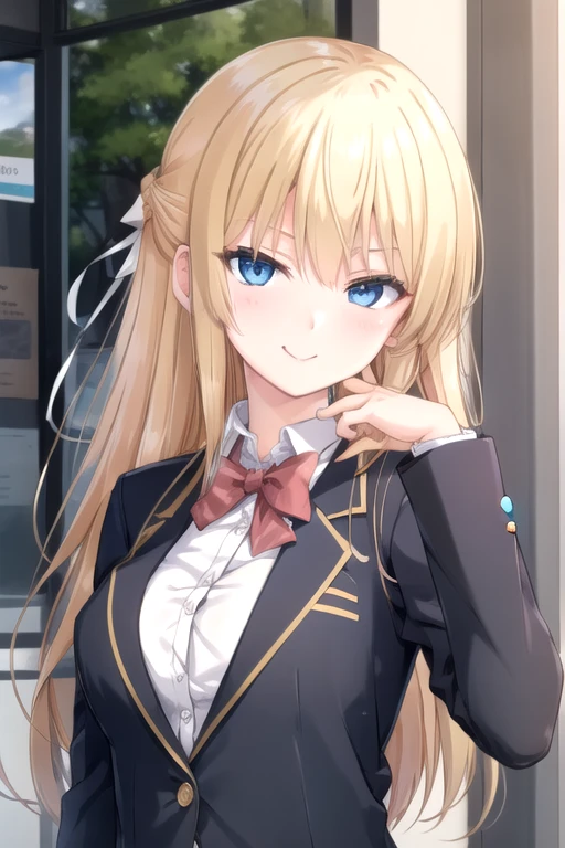((masterpiece)),(best quality),official art,extremely delicate and beautiful,extremely detailed CG,unity 8k wallpaper,ultra detailed,beautiful detailed eyes,extremely detailed face,outdoors,1girl,solo,upper body,(portrait:1.5),looking at viewer,facing viewer,smile,Houjou Nanami,very long hair,blonde hair,half updo,sidelocks,hair between eyes,bangs,blue eyes,school uniform,skindentation,black jacket,blazer,emblem,open clothes,open jacket,red bowtie,white shirt,dress shirt,collared shirt,long sleeves,large breasts,buttons,shirt tucked in,miniskirt,grey skirt,plaid skirt,pleated skirt,black pantyhose,loafers,black footwear,<lora:Houjou Nanami(wa jk jg):0.8>,