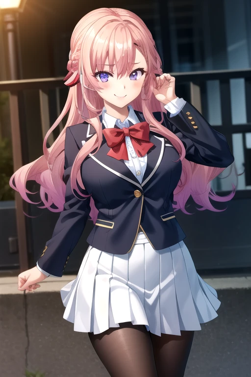 ((masterpiece)),(best quality),official art,extremely delicate and beautiful,extremely detailed CG,unity 8k wallpaper,ultra detailed,beautiful detailed eyes,extremely detailed face,outdoors,1girl,solo,cowboy shot,looking at viewer,facing viewer,smile,Amagase Nanao,long hair,wavy hair,multicolored hair,pink hair,braid,sidelocks,side swept bangs,purple eyes,school uniform,black jacket,blazer,red bowtie,white shirt,collared shirt,long sleeves,large breasts,skindentation,miniskirt,white skirt,pleated skirt,black pantyhose,high heels,black footwear,<lora:Amagase Nanao(rk):0.7>,