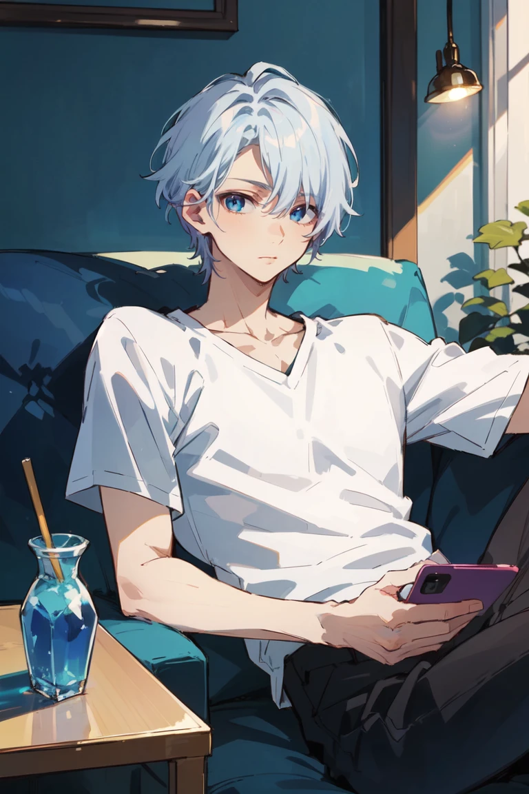 masterpiece, best quality, highres, 1boy, bluish white hair, colored tip, light blue hair tips, blue eyes, pale skin, lean body type, Koyuki Ayase, resting on a couch, looking boredly at his smartphone, glancing at the viewer, detailed lights and soft shadow, living room with blue and silver interior design, <lora:koyukiAyase001:0.6>