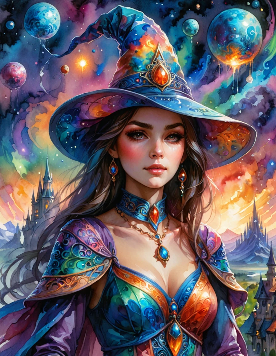 concept art, Wizard Hat, Choker, Girl, wearing ral-wtrclr, has lots of intricate details, regional, sci-fi landscapes, combining text, mandola, womanly, <lora:ral-wtrclr:0.8>, exquisite color, complimentary colors, intricate detail, grand illumination, flowing, very, luxurious