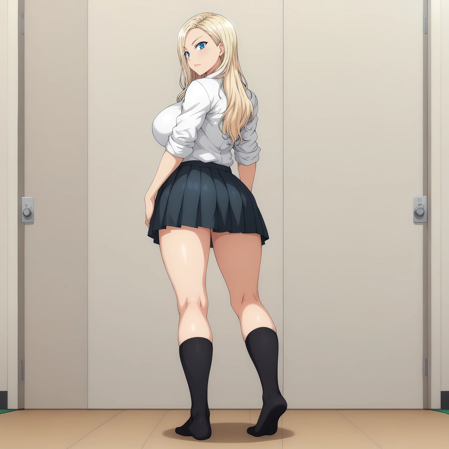 masterpiece, best quality, Itsumi Erika, 1girl, ashen blonde hair, blue eyes, solo, medium breasts, naked body, nude, full nude, black socks, standing frontally, pov, looking at viewer, full body, indoors, locker room, expressionless, detailed hands, five fingers, female genitals