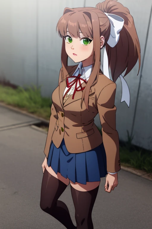 <lora:inker-10:1> inker, 1girl, busty, <lora:ddlcmonikatest:1> ddlcmonika, blunt bangs, brown hair, (green eyes:1.5), long hair, ponytail, ribbon, white ribbon, hair ribbon, sidelocks,black thighhighs, blue skirt, brown jacket, jacket, long sleeves, mary janes, over-kneehighs, pleated skirt, school uniform, shoes, skirt, thighhighs, zettai ryouiki, masterpiece, best quality