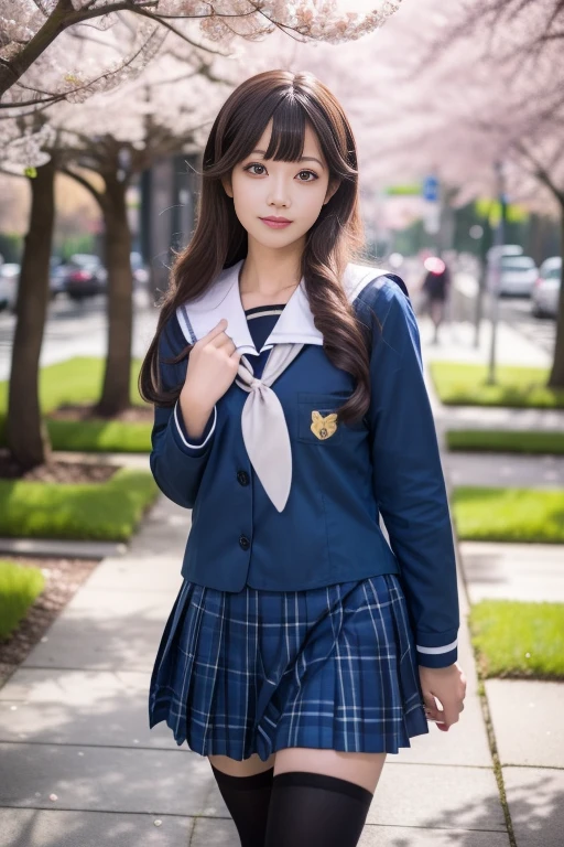 ltra-detailed,highly detailed,best quality,masterpiece,illustration,realistic,photorealistic,
bangdream, school uniform, 
1girl, solo, cosplay, 
serafuku, sailor collar, plaid skirt, pleated skirt, thighhighs, 
long sleeves, neckerchief, 
long hair, bangs, 
looking at viewer, standing, cowboy shot, 
outdoors, blurry background, cherry blossoms, tree, day, shirt, grass, photo background, flower, spring \(season\), 
 <lora:bangdream_yzs_v1_06:0.6>