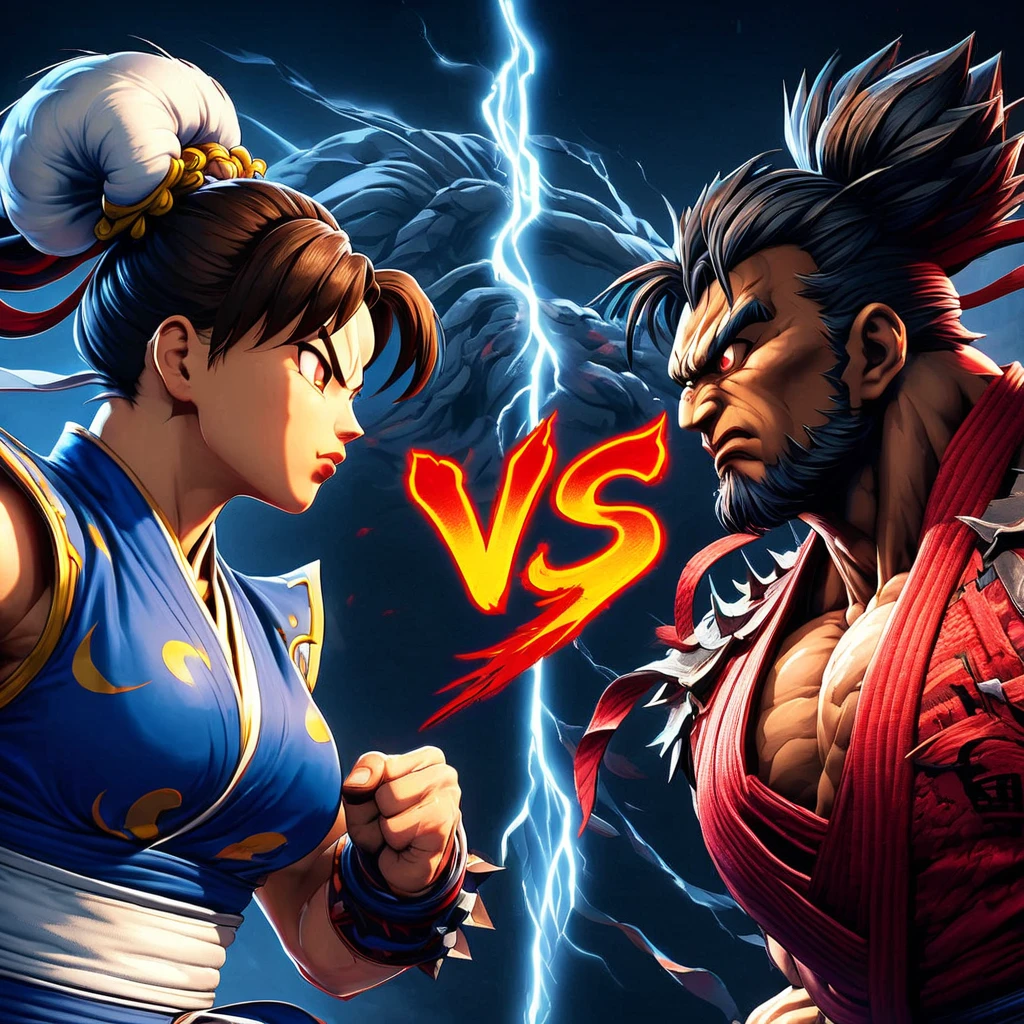 Chun-Li in one corner and Akuma in the other corner from street fighter, big text in middle of image that says " VS ", HD, masterpiece, best quality, hyper detailed, ultra detailed