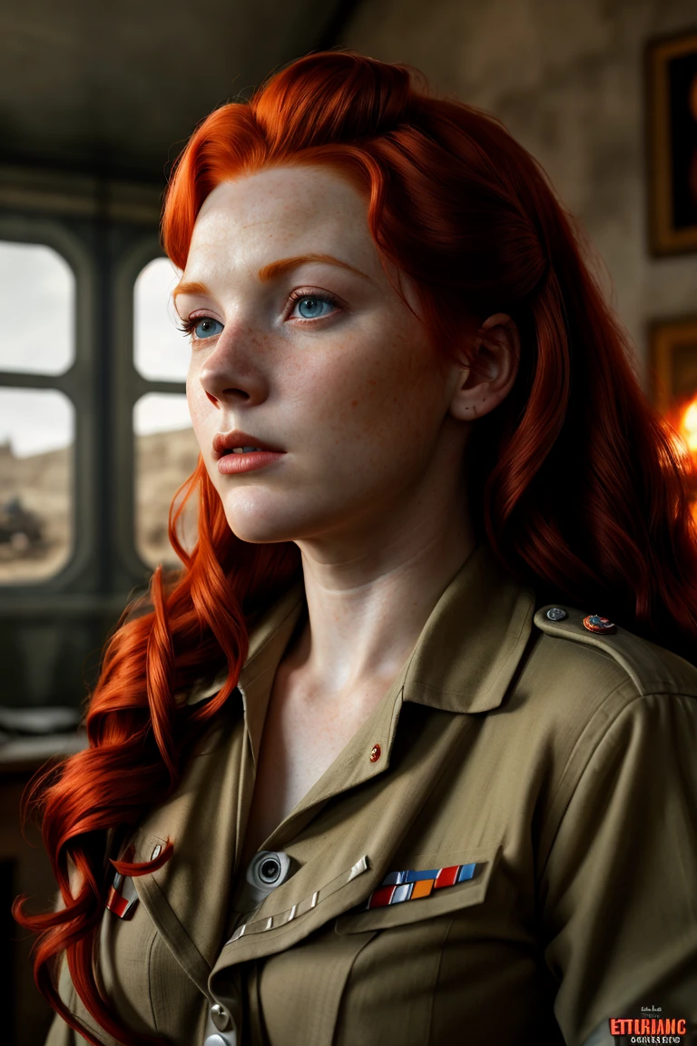 Wide angle photorealistic shot, (Enchanting redhead in wartime drama:1.3), Detailed conflict chaos, Real-Time Ray Tracing lighting, Volumetric shadows, Exceptional photorealism, (Intense war ambiance:1.2), Raw photography quality, Highly detailed protagonist, Emotional depth, Raw imagery at the highest quality