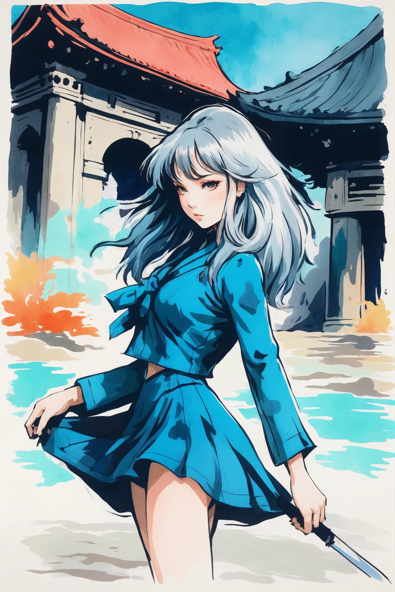 retro 1910s scifi poster, rough brush strokes, anime style, anime watercolor on vellum, 1girl, woman, samurai villainess, armor, bombshell hair, silver hair, Thigh Length Hair, aqua clothes, thick thighs, narrow waist, caucasian, noon, architecture, fantasy tomb by a Jupiter's atmosphere<lora:EnvyStarlightAnimeWatercolor02a:1.25>