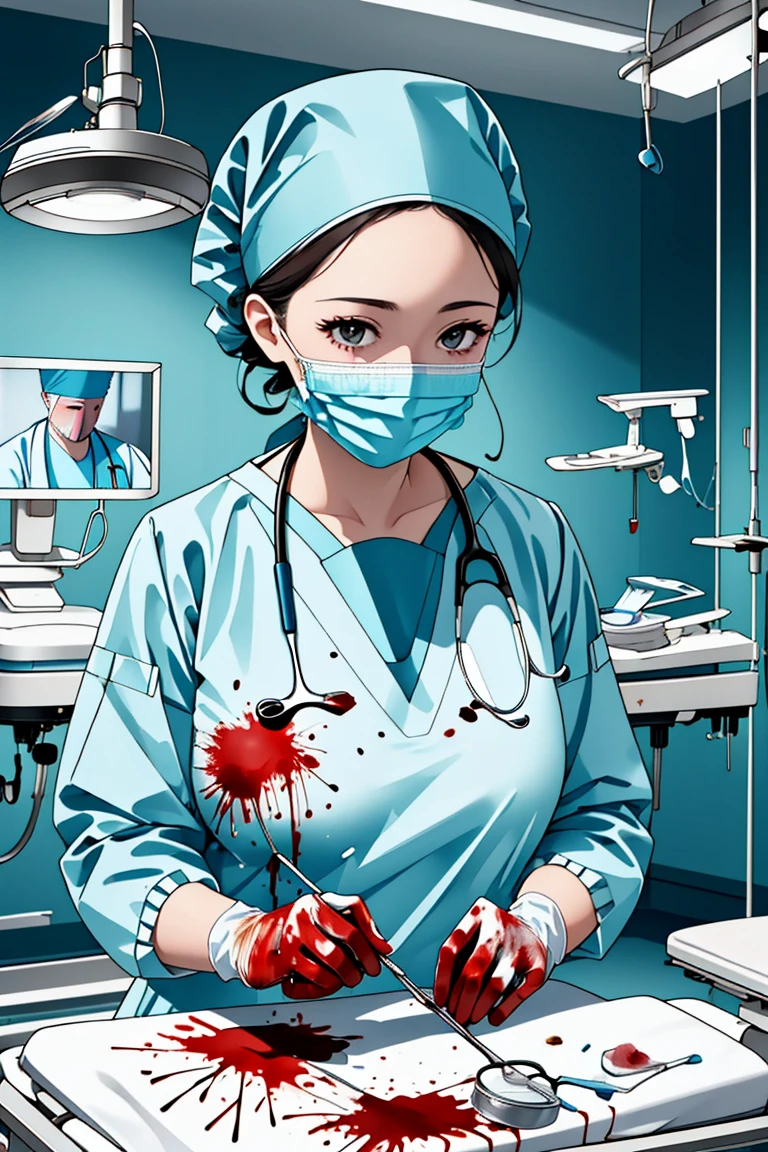 (RAW photo, best quality,facing the viewer,from front), operating room, overhead surgical light,blurred background, focused, dithering,backlighting,
 <lora:Doctor_Surgeon_Bloody_Uniform_V2.0:0.8> doctor_surgeon_uniform_bloody_a, 1girl, solo, gloves, blood, blood on clothes, surgical mask, stethoscope, doctor, looking at viewer, blood splatter,