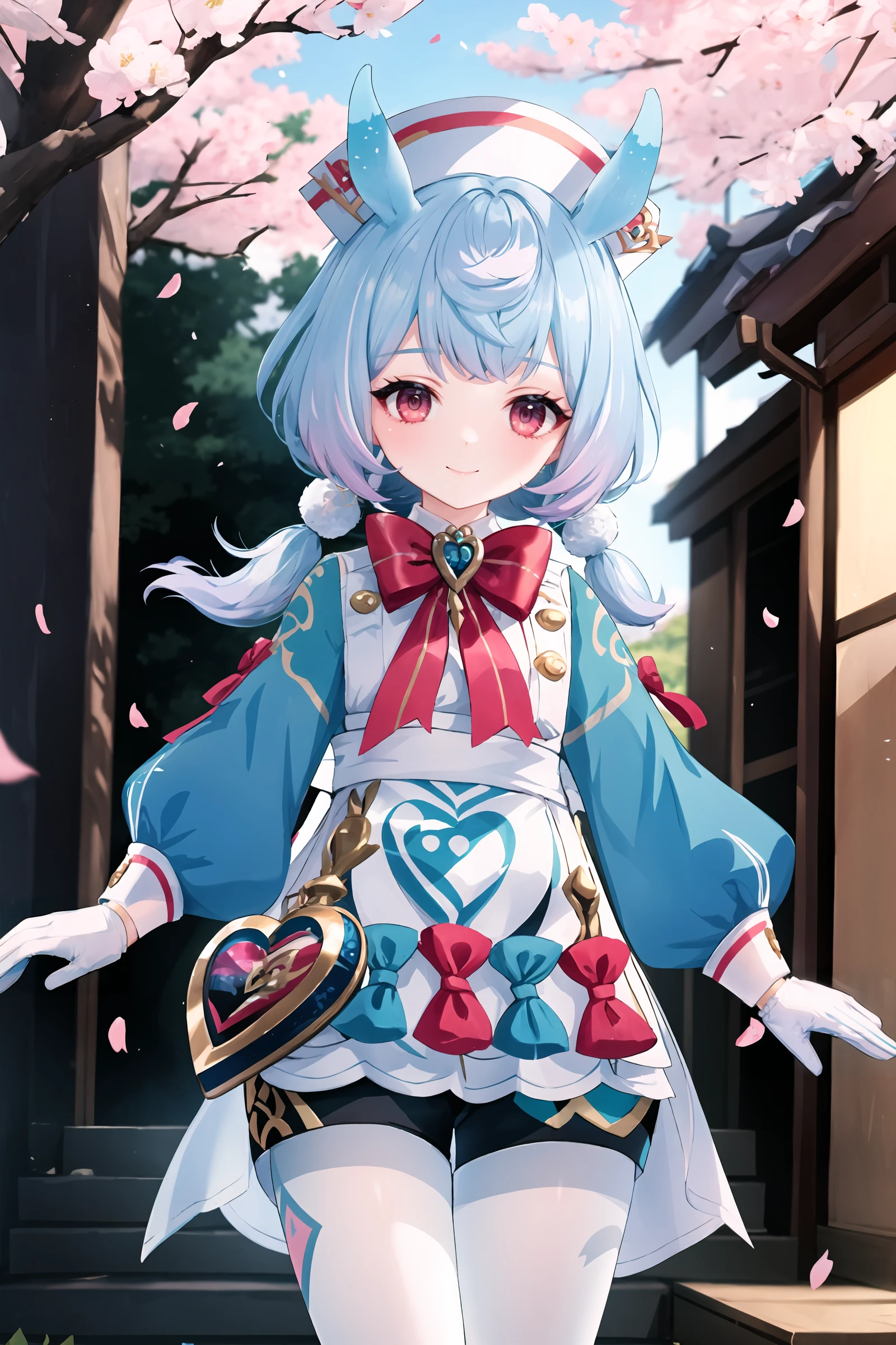 1girl, sigewinne \(genshin impact\), solo,  low twintails, animal ears, white gloves, red bowtie, nurse cap, aqua dress, white apron, heart-shaped bag, black shorts, white pantyhose, standing, cowboy shot, light smile, looking at viewer, outdoors, street, cherry blossoms, petals, depth of field