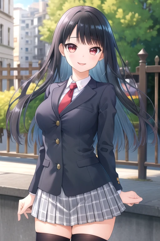 ((masterpiece)),(best quality),official art,extremely delicate and beautiful,extremely detailed CG,unity 8k wallpaper,ultra detailed,beautiful detailed eyes,extremely detailed face,outdoors,1girl,solo,cowboy shot,looking at viewer,facing viewer,smile,Tomoe Rinka,long hair,black hair,shiny hair,straight hair,side swept bangs,red eyes,school uniform,black jacket,blazer,wing collar,red necktie,white shirt,collared shirt,buttons,long sleeves,underbust,large breasts,miniskirt,grey skirt,plaid skirt,pleated skirt,zettai ryouiki,black thighhighs,loafers,brown footwear,<lora:Tomoe Rinka(ym):0.8>,