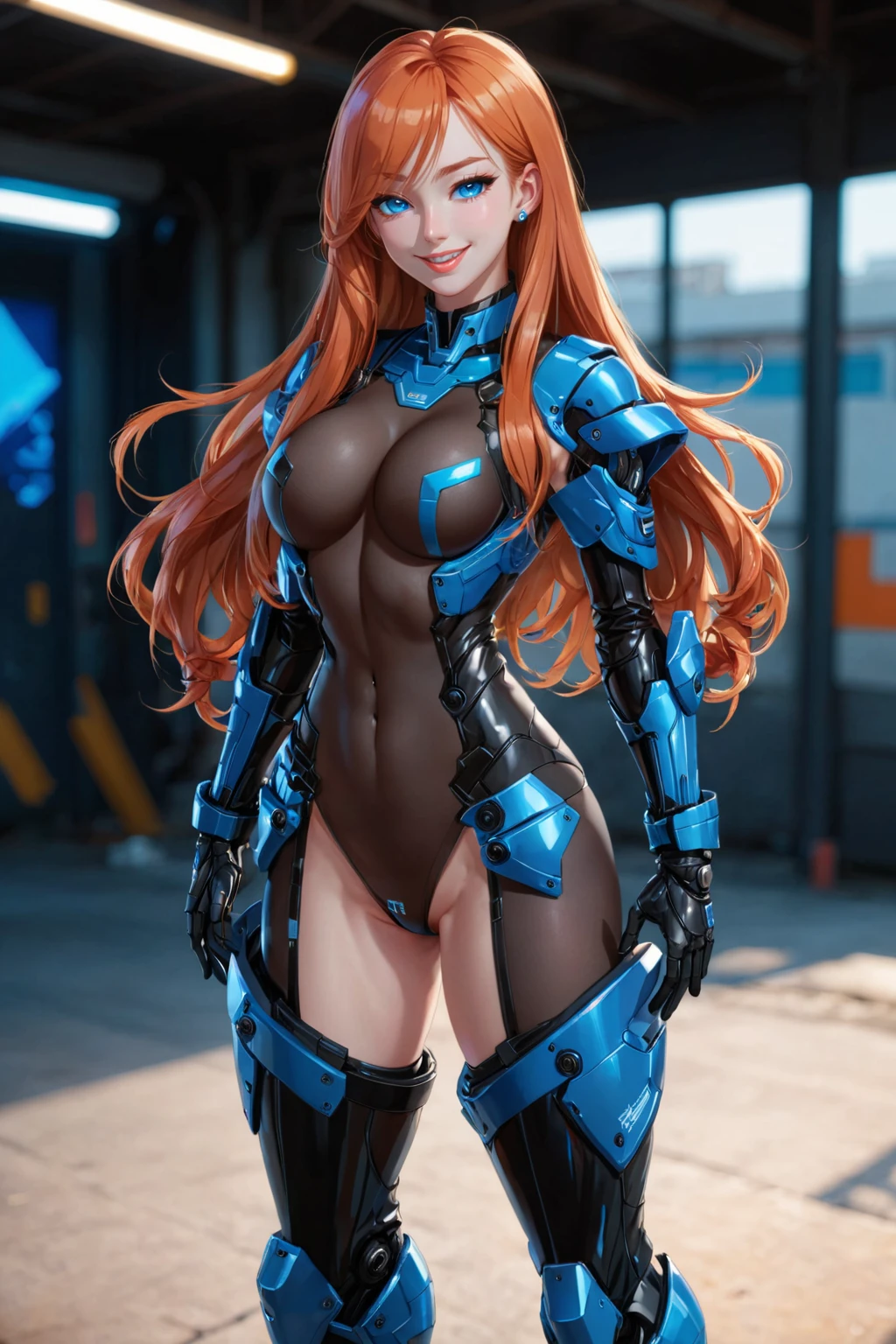 cinematic film still, realist detail, ue5,(masterpiece, best quality, ultra-detailed, best shadow),smile,posing for a picture,standing,
wearing edgMechagirl, long hair, breasts, looking at viewer, blue eyes, gloves, standing, full body, parted lips, orange hair, lips,
<lora:edgEroMechaSDXL:0.8>